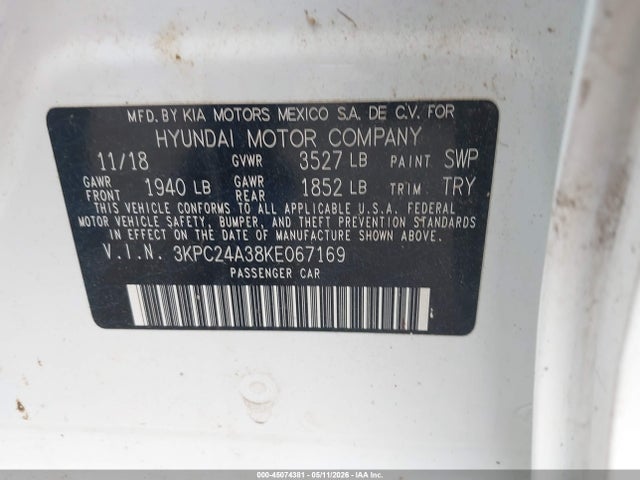 Продажа на аукционе авто 2019 Hyundai Accent Sel, vin: 3KPC24A38KE067169, номер лота: 45074381