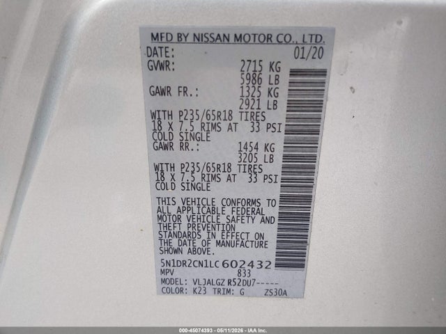 Продаж на аукціоні авто 2020 Nissan Pathfinder Sl 2wd, vin: 5N1DR2CN1LC602432, номер лоту: 45074393