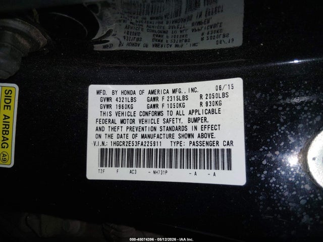 45074396 :رقم المزاد ، 1HGCR2E53FA225911 vin ، 2015 Honda Accord Sport مزاد بيع
