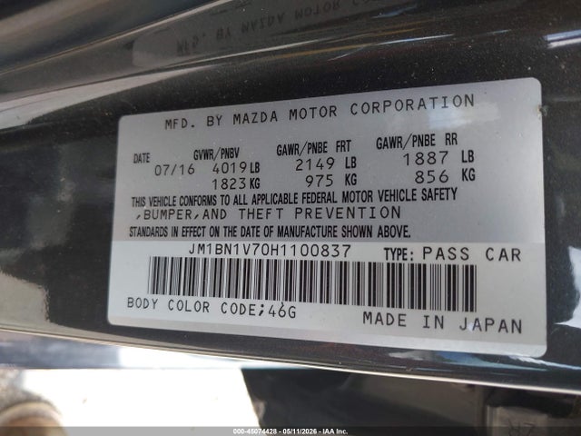 45074428 :رقم المزاد ، JM1BN1V70H1100837 vin ، 2017 Mazda Mazda3 Touring مزاد بيع