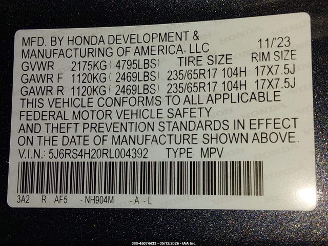 5J6RS4H20RL004392 Honda Cr-v Lx Awd
