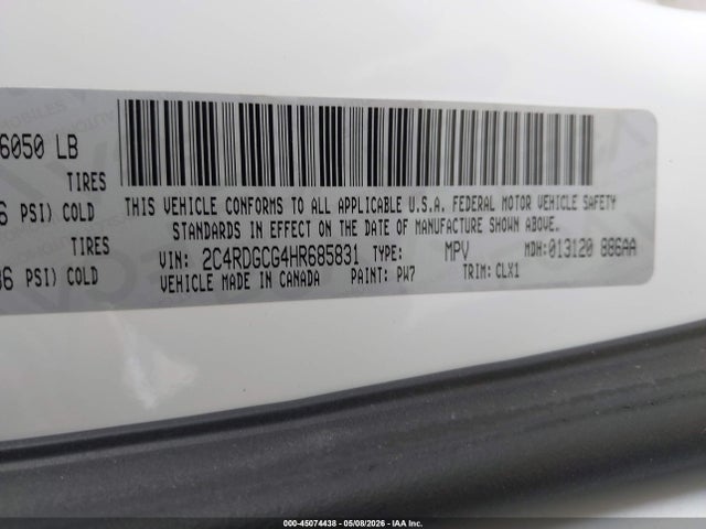 2017 Dodge Grand Caravan Sxt მანქანა იყიდება აუქციონზე, vin: 2C4RDGCG4HR685831, აუქციონის ნომერი: 45074438