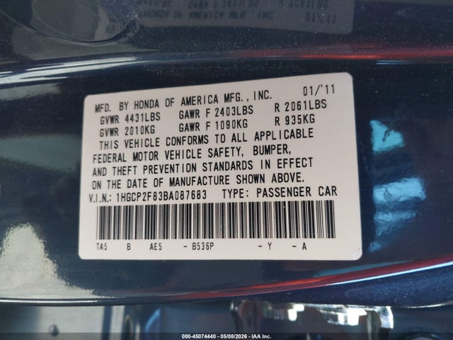 Продаж на аукціоні авто 2011 Honda Accord 2.4 Ex-l, vin: 1HGCP2F83BA087683, номер лоту: 45074440
