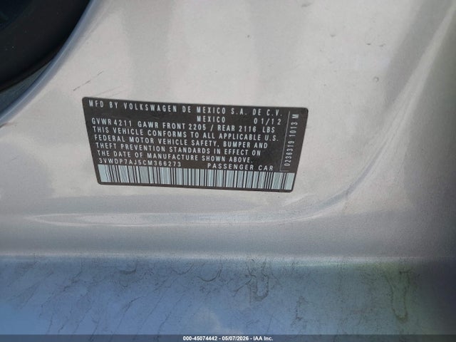 45074442 :رقم المزاد ، 3VWDP7AJ5CM366273 vin ، 2012 Volkswagen Jetta 2.5l Se مزاد بيع