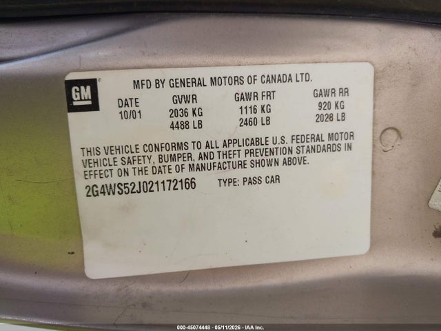 2002 Buick Century Custom მანქანა იყიდება აუქციონზე, vin: 2G4WS52J021172166, აუქციონის ნომერი: 45074448