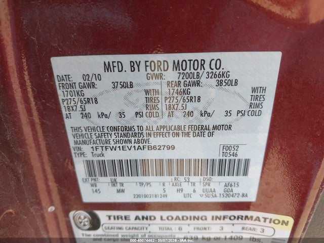 Aukcja sprzedaży 2010 Ford F-150 Fx4/harley-davidson/king Ranch/lariat/platinum/xl/xlt, vin: 1FTFW1EV1AFB62799, numer aukcji: 45074462