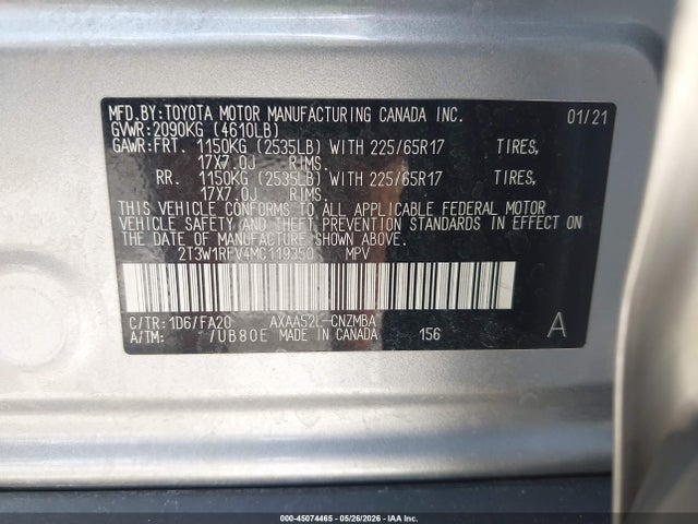 45074465 :رقم المزاد ، 2T3W1RFV4MC119350 vin ، 2021 Toyota Rav4 Xle مزاد بيع