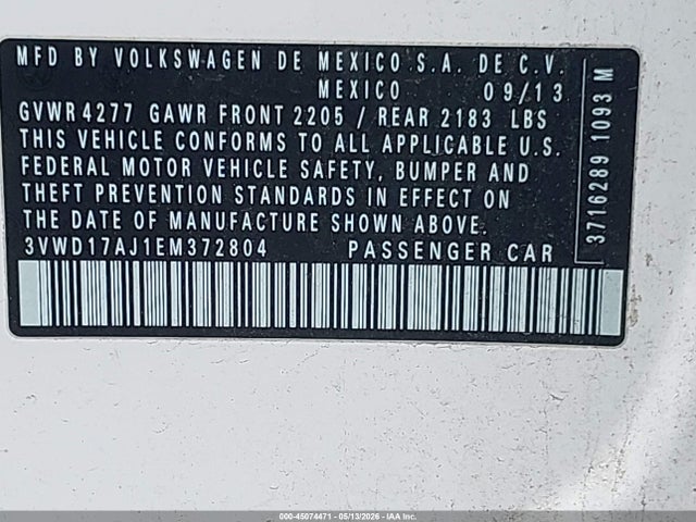 Продаж на аукціоні авто 2014 Volkswagen Jetta 1.8t Se, vin: 3VWD17AJ1EM372804, номер лоту: 45074471