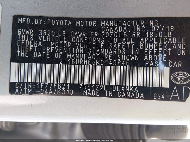 Aukcja sprzedaży 2019 Toyota Corolla Le, vin: 2T1BURHE6KC149846, numer aukcji: 45074476