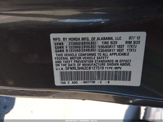 Продаж на аукціоні авто 2012 Honda Odyssey Ex-l, vin: 5FNRL5H62CB127519, номер лоту: 45074478