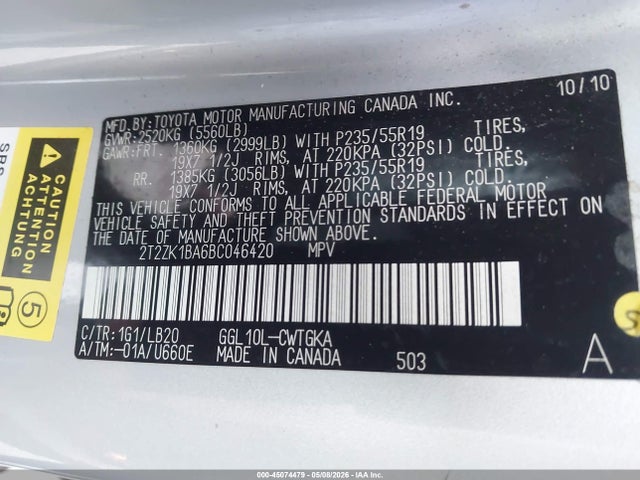 45074479 :رقم المزاد ، 2T2ZK1BA6BC046420 vin ، 2011 Lexus Rx 350 مزاد بيع