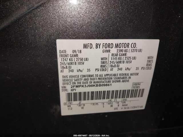 Aukcja sprzedaży 2019 Ford Edge Sel, vin: 2FMPK3J98KBB09861, numer aukcji: 45074487