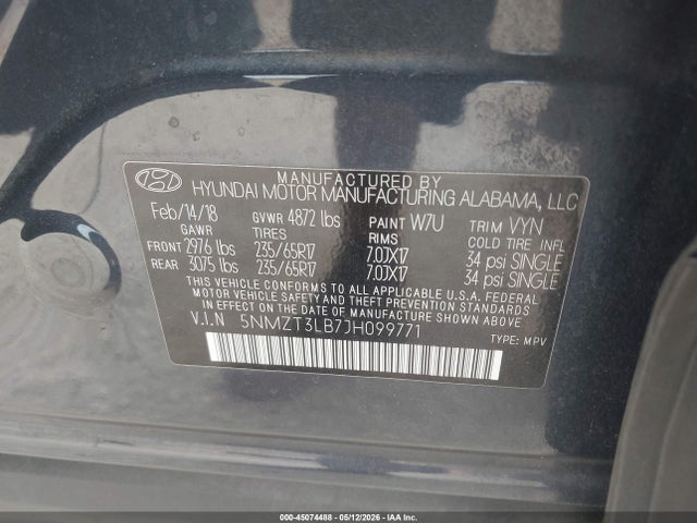 45074488 :رقم المزاد ، 5NMZT3LB7JH099771 vin ، 2018 Hyundai Santa Fe Sport 2.4l مزاد بيع