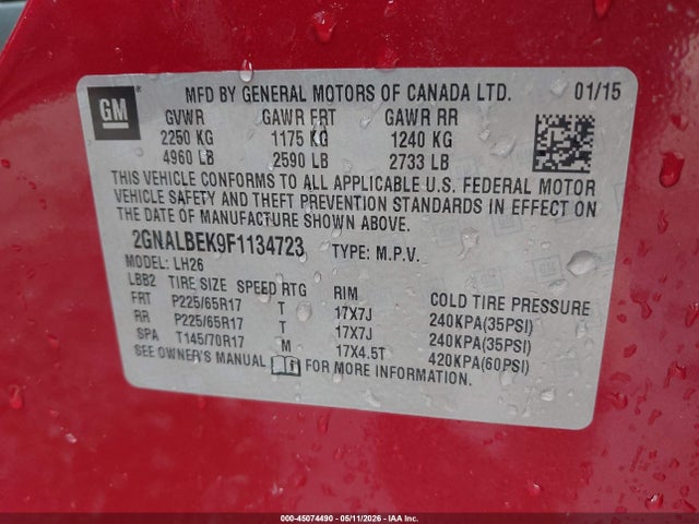 45074490 :رقم المزاد ، 2GNALBEK9F1134723 vin ، 2015 Chevrolet Equinox 1lt مزاد بيع