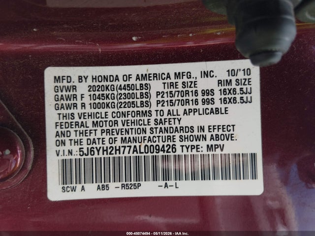 Aukcja sprzedaży 2010 Honda Element Ex, vin: 5J6YH2H77AL009426, numer aukcji: 45074494
