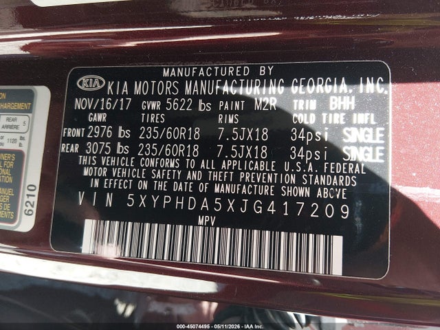 2018 Kia Sorento 3.3l Ex მანქანა იყიდება აუქციონზე, vin: 5XYPHDA5XJG417209, აუქციონის ნომერი: 45074495