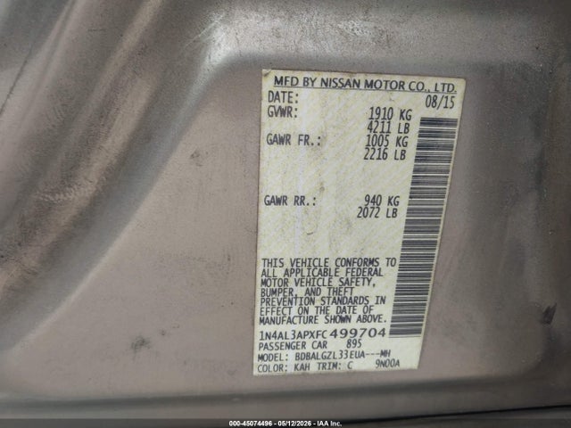 Aukcja sprzedaży 2015 Nissan Altima 2.5 S, vin: 1N4AL3APXFC499704, numer aukcji: 45074496