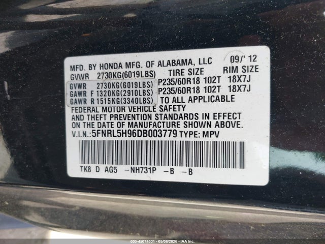 Aukcja sprzedaży 2013 Honda Odyssey Touring/touring Elite, vin: 5FNRL5H96DB003779, numer aukcji: 45074501