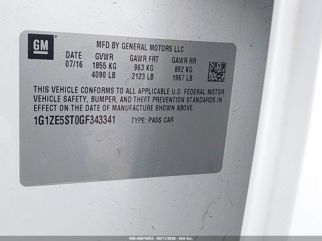 Продаж на аукціоні авто 2016 Chevrolet Malibu 1lt, vin: 1G1ZE5ST0GF343341, номер лоту: 45074503