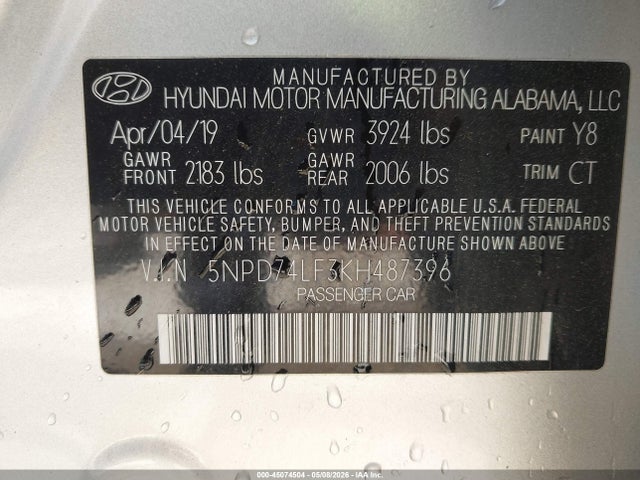 Aukcja sprzedaży 2019 Hyundai Elantra Se, vin: 5NPD74LF3KH487396, numer aukcji: 45074504