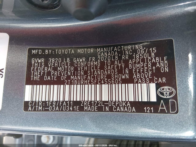 Продаж на аукціоні авто 2015 Toyota Corolla L, vin: 2T1BURHE5FC455605, номер лоту: 45074505