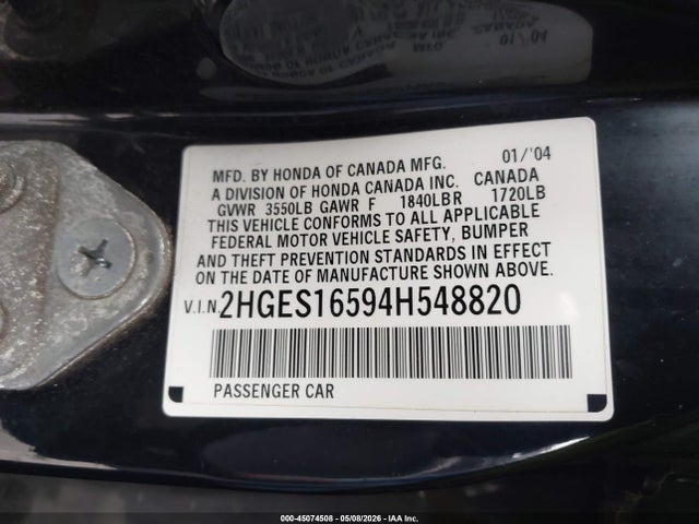 45074508 :رقم المزاد ، 2HGES16594H548820 vin ، 2004 Honda Civic Lx مزاد بيع