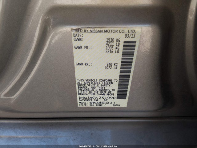 45074511 :رقم المزاد ، 1N4AL3AP7DC251990 vin ، 2013 Nissan Altima 2.5 S مزاد بيع