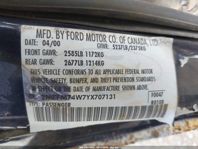 Aukcja sprzedaży 2000 Mercury Grand Marquis Gs, vin: 2MEFM74W7YX707131, numer aukcji: 45074512
