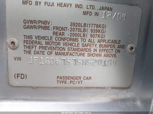 45074534 :رقم المزاد ، JF1GD67575H520184 vin ، 2005 Subaru Impreza 2.5rs مزاد بيع