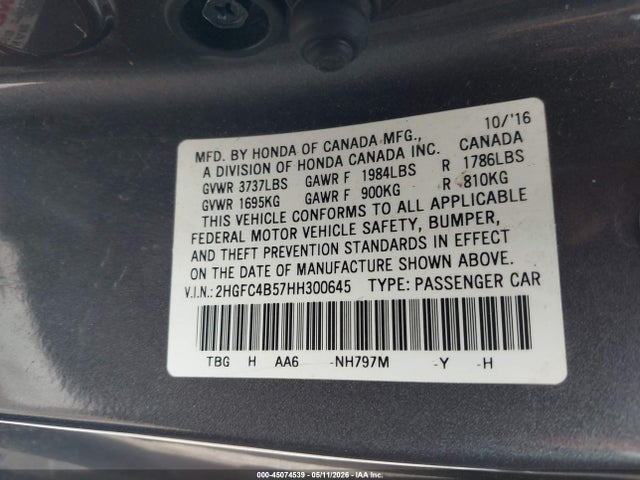 2017 Honda Civic Lx მანქანა იყიდება აუქციონზე, vin: 2HGFC4B57HH300645, აუქციონის ნომერი: 45074539