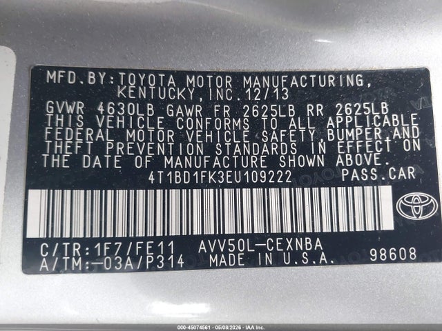 4T1BD1FK3EU109222 Toyota Camry Hybrid Le