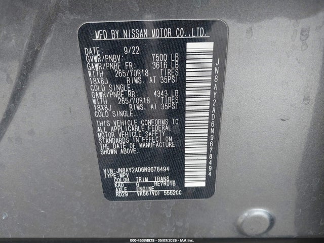 JN8AY2AD6N9678494 Nissan Armada S 4wd