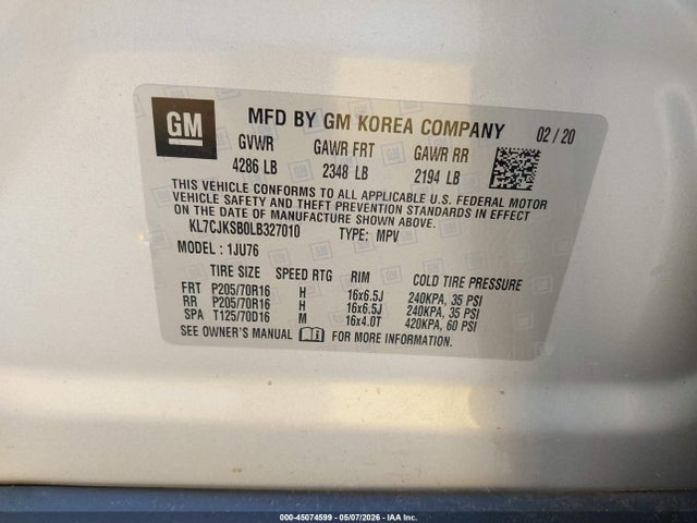 KL7CJKSB0LB327010 Chevrolet Trax Fwd Ls