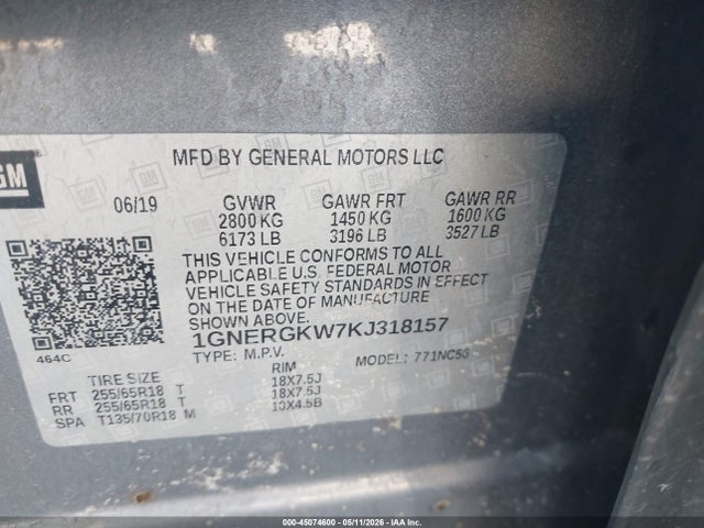 Chevrolet Traverse 1lt 2019 1GNERGKW7KJ318157 Image 9