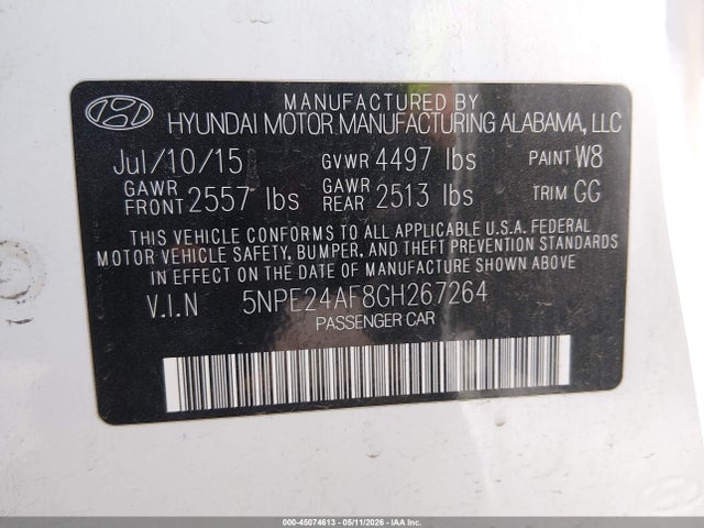 Aukcja sprzedaży 2016 Hyundai Sonata Se, vin: 5NPE24AF8GH267264, numer aukcji: 45074613