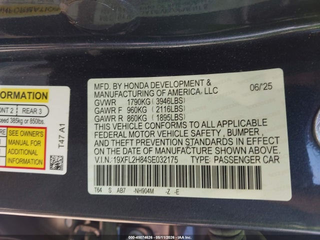 2025 Honda Civic Sedan Sport მანქანა იყიდება აუქციონზე, vin: 19XFL2H84SE032175, აუქციონის ნომერი: 45074626