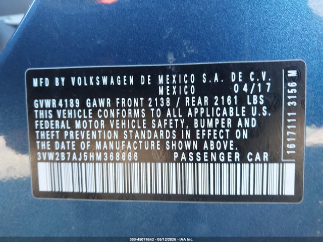 45074642 :رقم المزاد ، 3VW2B7AJ5HM368666 vin ، 2017 Volkswagen Jetta 1.4t S مزاد بيع