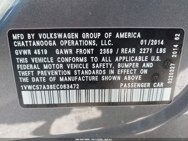 Aukcja sprzedaży 2014 Volkswagen Passat 1.8t Sel Premium, vin: 1VWCS7A38EC063472, numer aukcji: 45074696