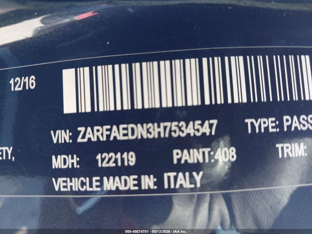 Aukcja sprzedaży 2017 Alfa Romeo Giulia Awd, vin: ZARFAEDN3H7534547, numer aukcji: 45074701