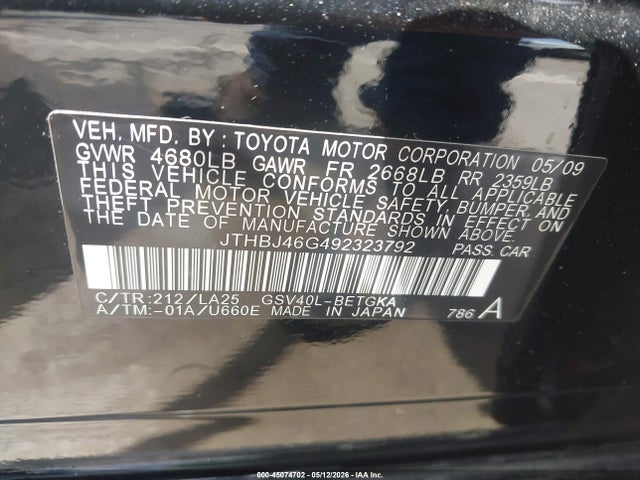 Aukcja sprzedaży 2009 Lexus Es 350, vin: JTHBJ46G492323792, numer aukcji: 45074702