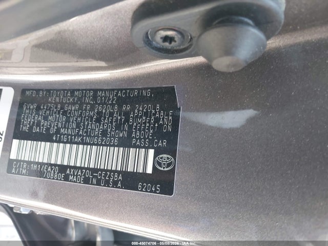2022 Toyota Camry Se მანქანა იყიდება აუქციონზე, vin: 4T1G11AK1NU662036, აუქციონის ნომერი: 45074706