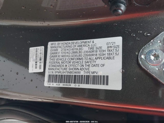 2022 Honda Odyssey Ex-l მანქანა იყიდება აუქციონზე, vin: 5FNRL6H75NB034690, აუქციონის ნომერი: 45074709