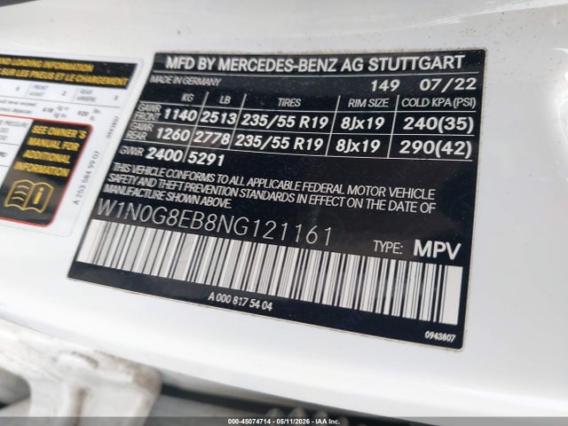 45074714 :رقم المزاد ، W1N0G8EB8NG121161 vin ، 2022 Mercedes-benz Glc 300 4matic Suv مزاد بيع