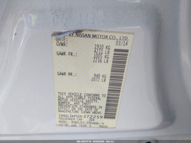 2014 Nissan Altima 2.5 S მანქანა იყიდება აუქციონზე, vin: 1N4AL3AP1EN372259, აუქციონის ნომერი: 45074716