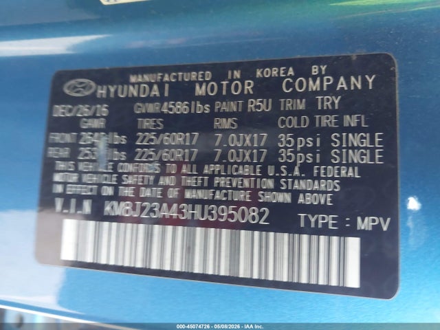 KM8J23A43HU395082 Hyundai TUCSON SE