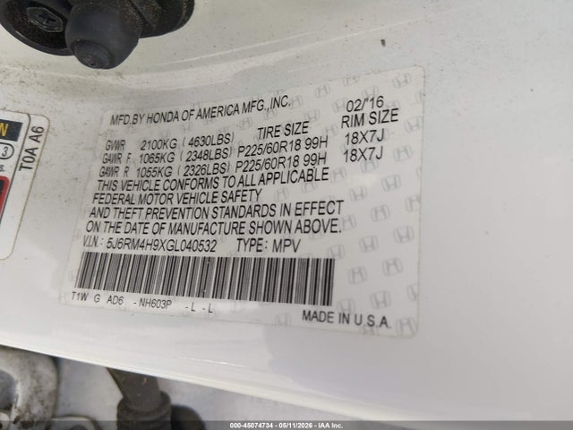 5J6RM4H9XGL040532 Honda Cr-v Touring