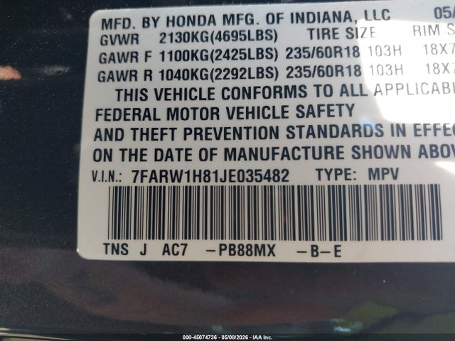 7FARW1H81JE035482 Honda Cr-v Ex-l/ex-l Navi