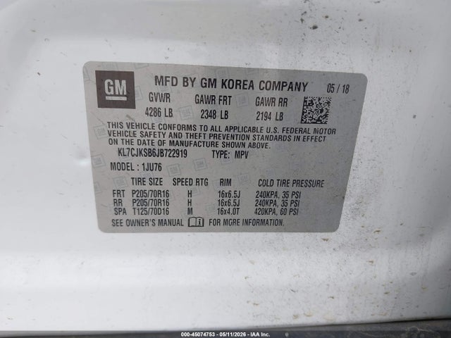 Aukcja sprzedaży 2018 Chevrolet Trax Ls, vin: KL7CJKSB6JB722919, numer aukcji: 45074753