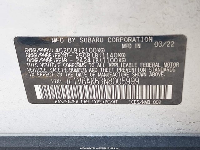 Продажа на аукционе авто 2022 Subaru Wrx Limited, vin: JF1VBAN63N8005999, номер лота: 45074756