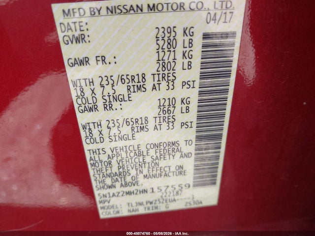 5N1AZ2MH2HN157559 Nissan MURANO S